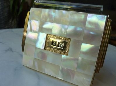 Rare and Genuine Art Deco AGME Switzerland Gold Tone Mother of Pearl Compact with Adjustable Initials