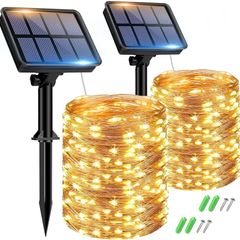 2 Pack Solar String Lights Outdoor Garden Waterproof, 15M/50FT 150 LED Solar Powered Fairy Lights, 8 Modes Copper Wire Lights for Patio Yard Party Christmas Decorations, Warm White