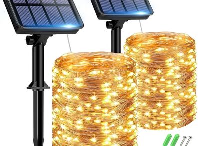 2 Pack Solar String Lights Outdoor Garden Waterproof, 15M/50FT 150 LED Solar Powered Fairy Lights, 8 Modes Copper Wire Lights for Patio Yard Party Christmas Decorations, Warm White