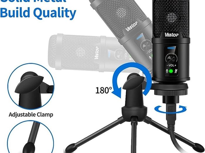 USB Microphone Metal Computer Condenser PC Mic for Gaming Podcasting Streaming Recording Voiceover YouTube Skype Twitch Zoom Cardioid with Tripod Compatible with Desktop Laptop Windows