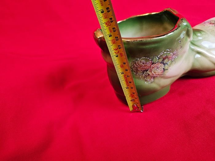 Staffordshire Style Porcelain Boot Vase - Green with Roses ,  Decor or Cactus Planter
