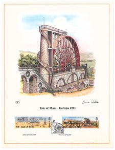 1983 Isle of Man Limited Edition Lithographed Print measuring 333mm X 257mm showing Europa: The Great Laxey Wheel Commemorative stamps with First Day of Issue Cancel