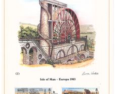 1983 Isle of Man Limited Edition Lithographed Print measuring 333mm X 257mm showing Europa: The Great Laxey Wheel Commemorative stamps with First Day of Issue Cancel
