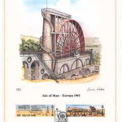 1983 Isle of Man Limited Edition Lithographed Print measuring 333mm X 257mm showing Europa: The Great Laxey Wheel Commemorative stamps with First Day of Issue Cancel