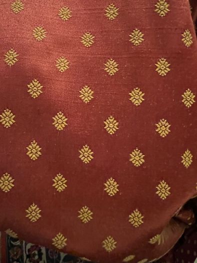 Stunning set of bespoke floor length maroon brocade curtains with gold "butti" motif