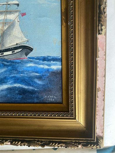 oil on board Vintage 1926 British School Marine Oil Painting Full-Rigged Sailing Ship in Rough Seas, Signed H.T.M.L.