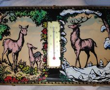 Midcentury convex glass wall decor with deer/stag scene with integrated thermometer