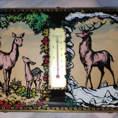Midcentury convex glass wall decor with deer/stag scene with integrated thermometer