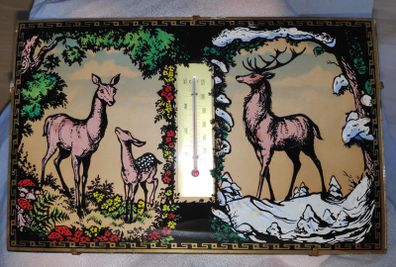 Midcentury convex glass wall decor with deer/stag scene with integrated thermometer