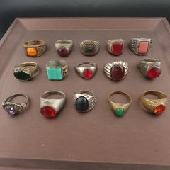 Antique Brass Ring Collection 15 Mixed Handmade Stone & Glass Rings