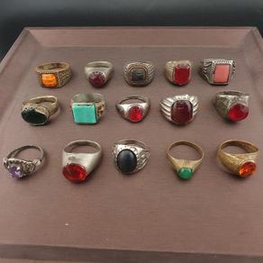 Antique Brass Ring Collection 15 Mixed Handmade Stone & Glass Rings