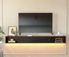 Floating TV Stand, 140cm Wall Mounted Media Console, Plywood TV Unit with 1 Door & 2 Open Cabinets,Easy Assembly for Living Room & Bedroom,Walnut and Black