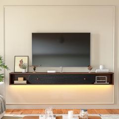 Floating TV Stand, 140cm Wall Mounted Media Console, Plywood TV Unit with 1 Door & 2 Open Cabinets,Easy Assembly for Living Room & Bedroom,Walnut and Black
