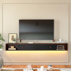 Floating TV Stand, 140cm Wall Mounted Media Console, Plywood TV Unit with 1 Door & 2 Open Cabinets,Easy Assembly for Living Room & Bedroom,Walnut and Black