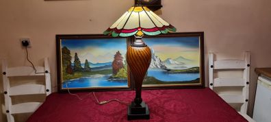 30.5 Inch Tall Large Art Deco Tiffany Style Table Lamp With Metal And Black Striped Amber Glass Stand  With Stained Glass Shade