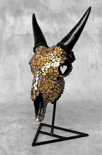 Mosaic-Embellished Real Goat Skull - Bone, Mosaic inlay