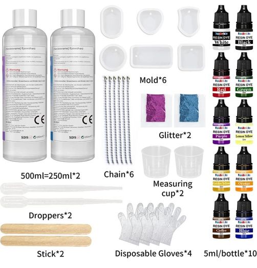 Epoxy Resin Kit 500ml, 2 Part Casting Resin Starter Kit, Resin Kits for Beginners, Epoxy Resin and Hardener with Key Chains Moulds for Sculpting Moulding & Casting, Art & Craft, Jewelry Making Kit (FREE POSTAGE)