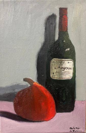 The still life fruit of the wine bottle scene