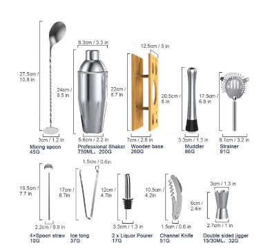 14Pcs/Set Cocktail Shaker Mixer Stainless Steel Bartender Bamboo Bartending Wine Rack Stand For Home Bar Party 550/750ML