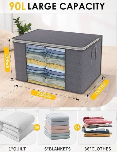 90L Large Capacity Clothes Storage Bags with Zips, Storage Boxes with Lids, Reinforced Handle, Foldable, Thick Fabric, for Comforters, Clothes, Blankets, Bedding, 4 Pack, Dark Grey