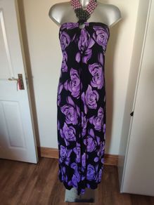 Lili maxi black purple floral halterneck dress size UK10/12 EU38/40 Postage included