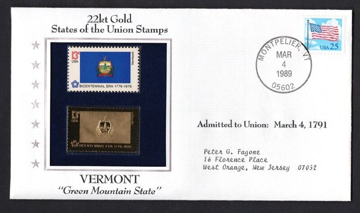1988 USA Vermont "Green Mountain State" 22kt Gold Replica of the 1976 United States Flag Stamps showing 25c US flag definitive tied Montpelier, Vermont(state capital) illustrated cover