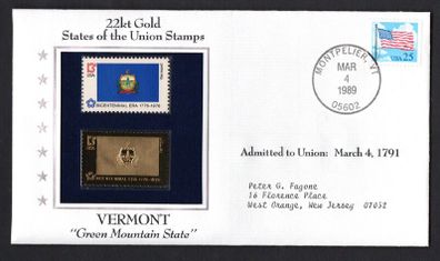 1988 USA Vermont "Green Mountain State" 22kt Gold Replica of the 1976 United States Flag Stamps showing 25c US flag definitive tied Montpelier, Vermont(state capital) illustrated cover