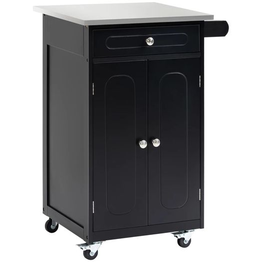 Multi-storage wheeled kitchen serving cart, 1 drawer, 2-door cabinet with shelf and towel holder, MDF, black, stainless steel