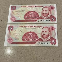 Nicaragua 1991 Uncirculated Centavos Banknotes Consecutive Numbers