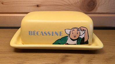 Vintage Becassine Ceramic Butter Dish by Tropico Diffusion Bright Yellow Pristine Condition