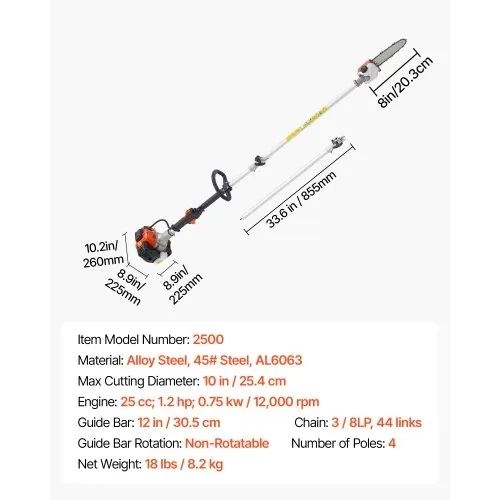 Gas Pole Saw, 25CC 2 Stroke Gas Powered Pole Saws with 20.3 cm Cutting Bar, Cordless Tree Trimmer with 650ml Fuel Tank, 2 to 2.74 m Extendable
