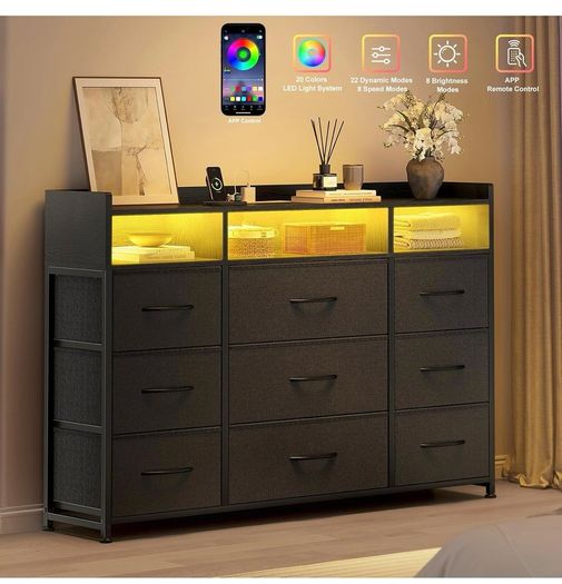 Chest of Drawers for Bedroom with LED and Charging Station, Black