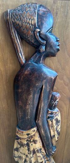 Large African Mother and Child Hand Carved Wood Relief Wall Art 78cm