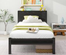Single Bed Frame with Wooden Storage Shelf Headboard