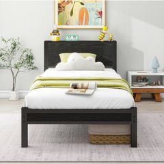 Single Bed Frame with Wooden Storage Shelf Headboard