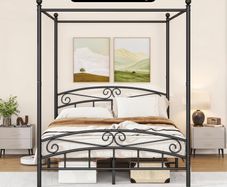 Canopy Bed Frame King Size with Ornate European Style Headboard & Footboard