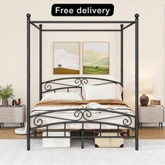 Canopy Bed Frame King Size with Ornate European Style Headboard & Footboard