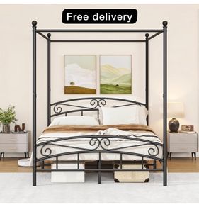 Canopy Bed Frame King Size with Ornate European Style Headboard & Footboard