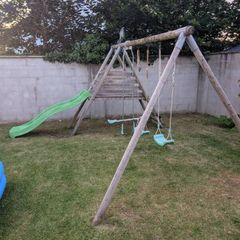 double swing set and slide
