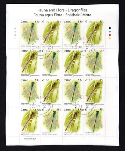 2009 Ireland Flora & Fauna: Dragonflies Commemorative Stamp Sheetlet Plate 1B1B1B1B Fine CDS Used with Dublin cancel of 16th December 2009 (First day of issue)