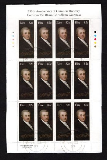 2009 Ireland The 250th Anniversary of the Guinness Brewery Commemorative Stamp Sheetlet Plate 1B1B1B1B1B Fine CDS Used with Dublin cancel of 28th August 2009 (First day of issue)