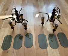 Pair of Vintage Ceiling lights Brass & Timber with Tinted Glass.