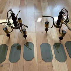Pair of Vintage Ceiling lights Brass & Timber with Tinted Glass.