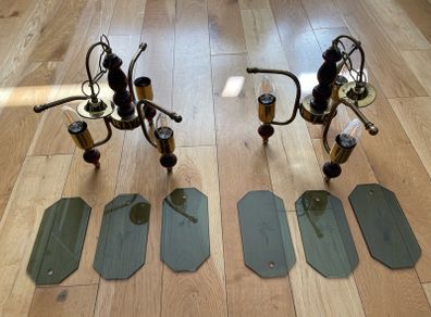 Pair of Vintage Ceiling lights Brass & Timber with Tinted Glass.