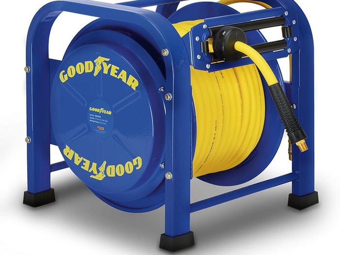 Air Hose Reel Retractable 9.5mm x 30m 20BAR Max SBR Rubber Hose Heavy Duty Portable Quad Pod Industrial Steel Construction