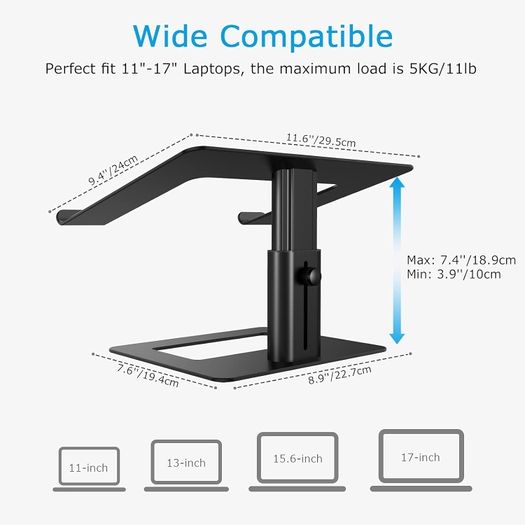 BoYata Laptop Stand, Height Adjustable Ventilated Laptop Holder, Ergonomic Notebook Stand, Laptop Riser Compatible with 10-17'' Laptops Black