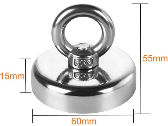 Round Neodymium Eyebolt Fishing Magnet with 20M(66ft) Rope, Super Power N52 Pulling Force 330LB(150KG), Diameter x 60mm Thick x 15mm for Magnet Fishing and Salvage in River