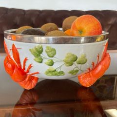 Antique WMF Lobster and Seaweed Silver Plated Trim Porcelain Round Serving Bowl 1920s