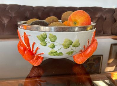 Antique WMF Lobster and Seaweed Silver Plated Trim Porcelain Round Serving Bowl 1920s