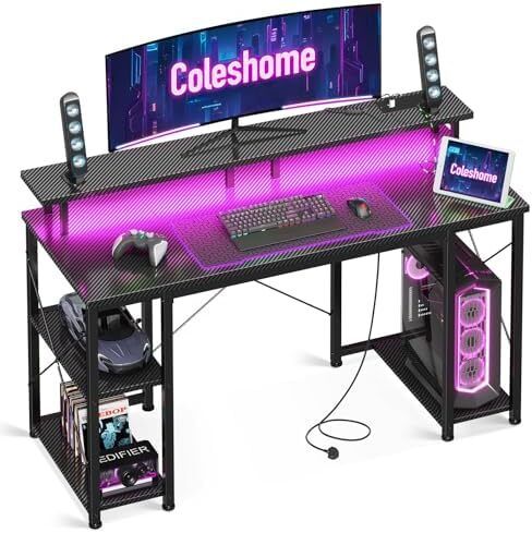 120x50 cm Gaming Desk with LED Lights, Computer Desk with Shelves, Office Desks with Monitor Stand, Carbon Fiber Black